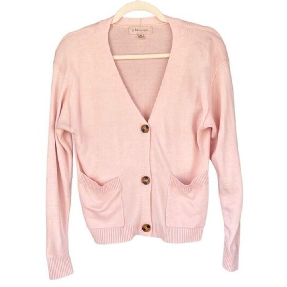 S3‎ Philosophy Cardigan Pink Knit V-Neck 1990s Vintage Pocket Sweater
